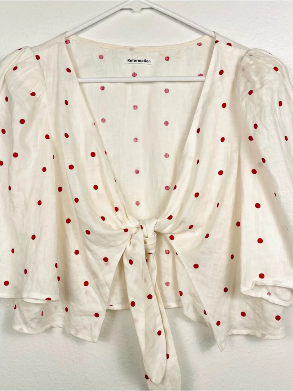 Reformation Cream Tie-Front Crop Top with Red Polka Dots